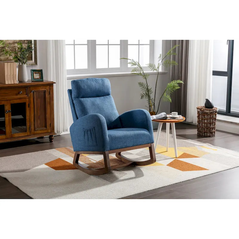Blue Fabric Upholstered Rocking Chair with Solid Wood Legs and Side Pockets