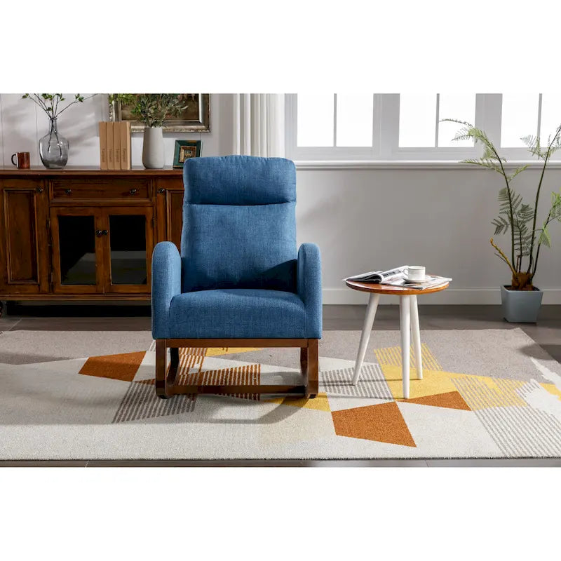 Blue Fabric Upholstered Rocking Chair with Solid Wood Legs and Side Pockets