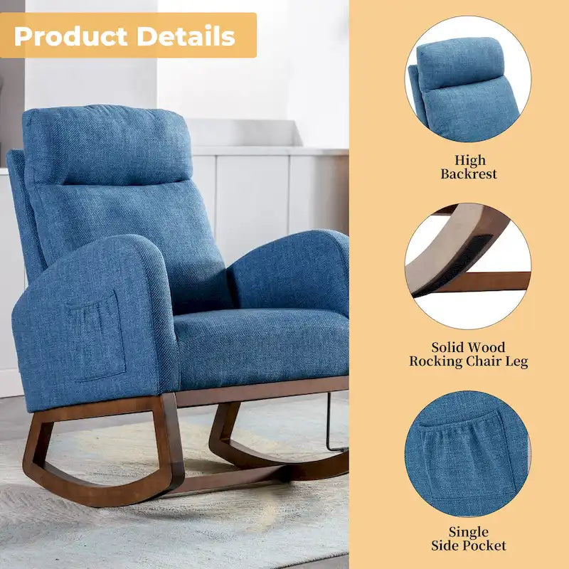 Blue Fabric Upholstered Rocking Chair with Solid Wood Legs and Side Pockets