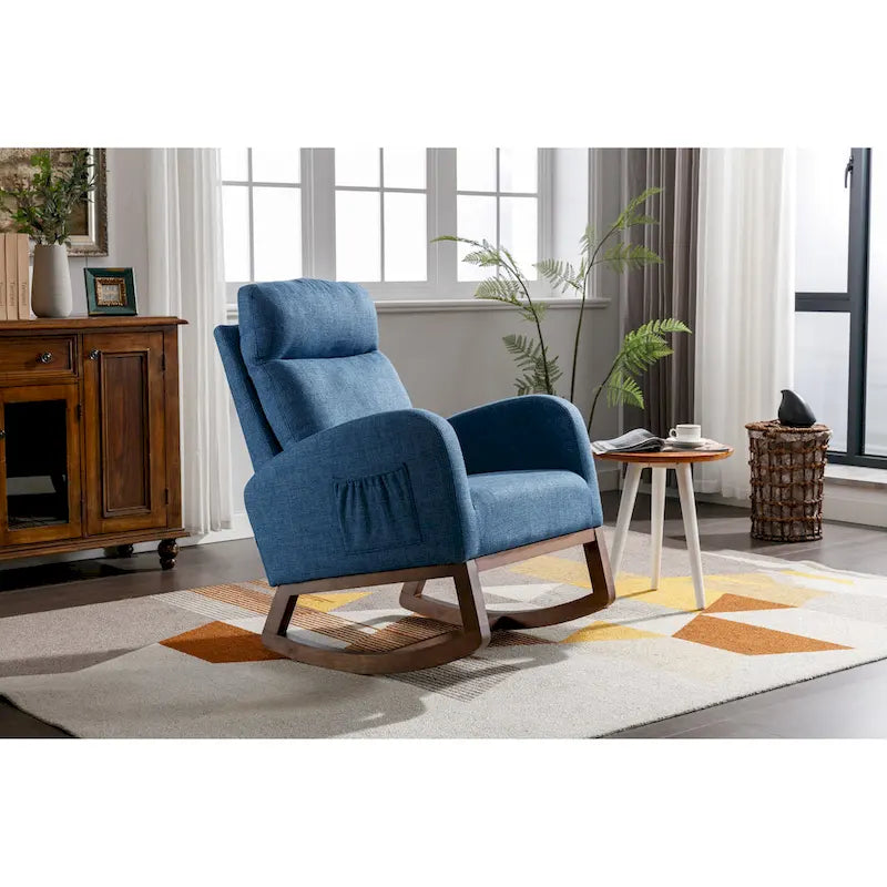 Blue Fabric Upholstered Rocking Chair with Solid Wood Legs and Side Pockets