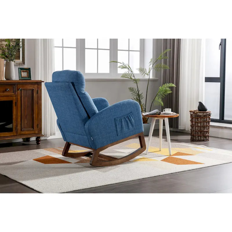 Blue Fabric Upholstered Rocking Chair with Solid Wood Legs and Side Pockets
