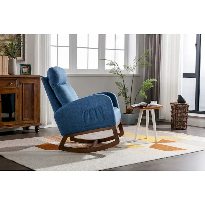 Blue Fabric Upholstered Rocking Chair with Solid Wood Legs and Side Pockets