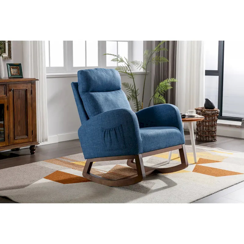 Blue Fabric Upholstered Rocking Chair with Solid Wood Legs and Side Pockets