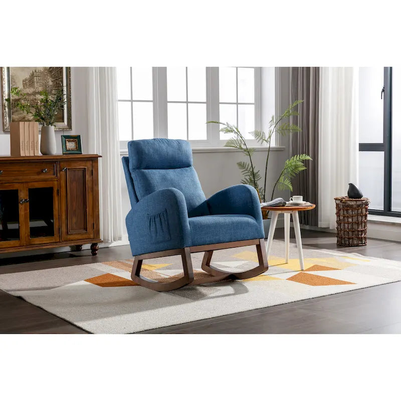 Blue Fabric Upholstered Rocking Chair with Solid Wood Legs and Side Pockets
