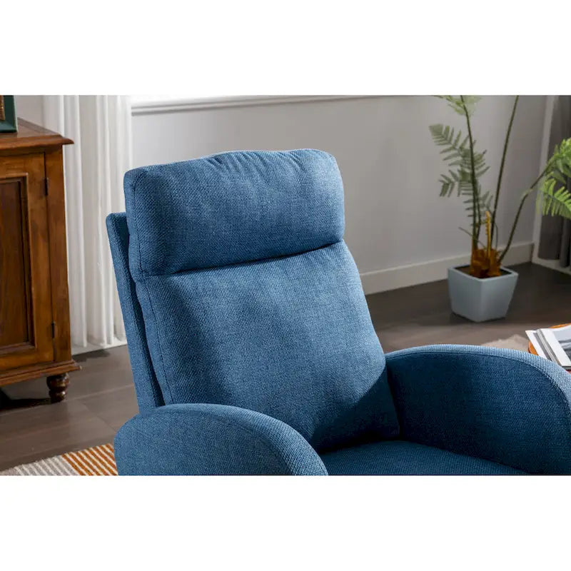 Blue Fabric Upholstered Rocking Chair with Solid Wood Legs and Side Pockets