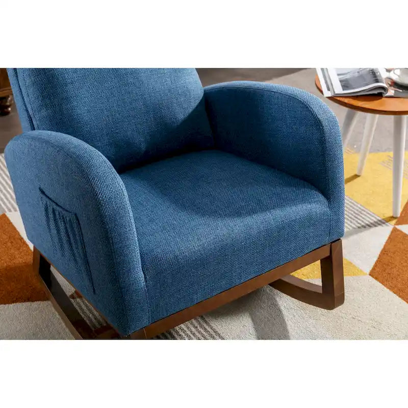 Blue Fabric Upholstered Rocking Chair with Solid Wood Legs and Side Pockets