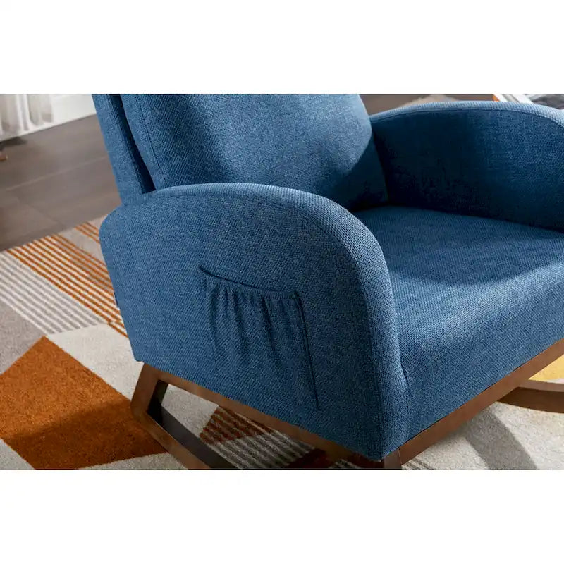 Blue Fabric Upholstered Rocking Chair with Solid Wood Legs and Side Pockets