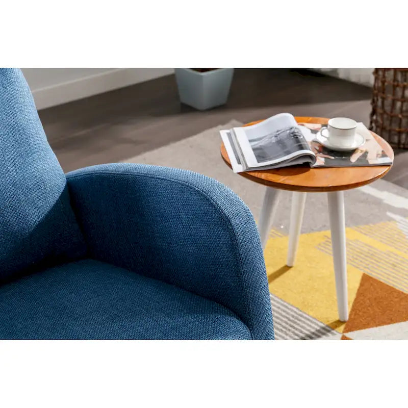 Blue Fabric Upholstered Rocking Chair with Solid Wood Legs and Side Pockets