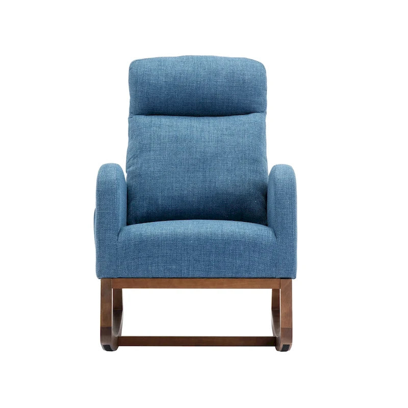 Blue Fabric Upholstered Rocking Chair with Solid Wood Legs and Side Pockets