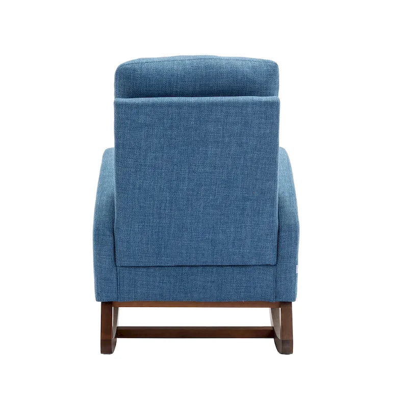 Blue Fabric Upholstered Rocking Chair with Solid Wood Legs and Side Pockets