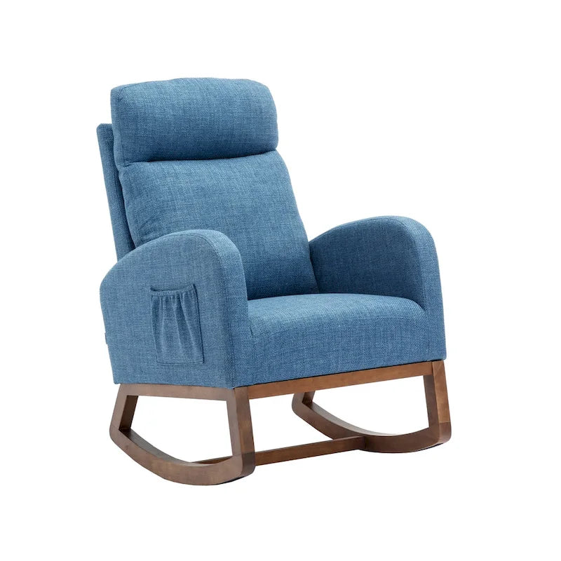 Blue Fabric Upholstered Rocking Chair with Solid Wood Legs and Side Pockets