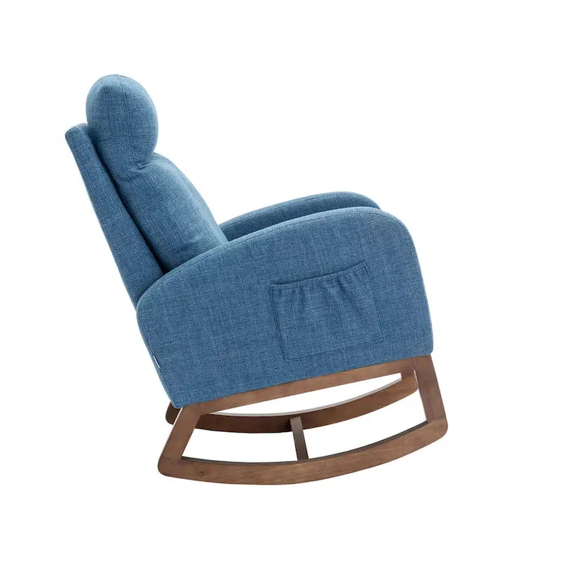 Blue Fabric Upholstered Rocking Chair with Solid Wood Legs and Side Pockets