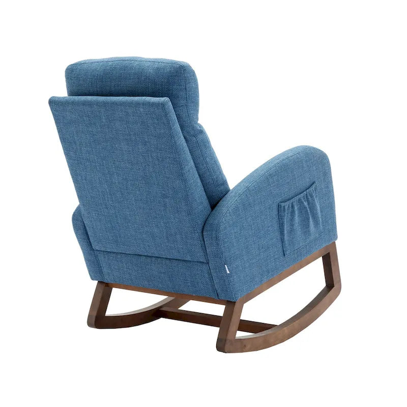 Blue Fabric Upholstered Rocking Chair with Solid Wood Legs and Side Pockets
