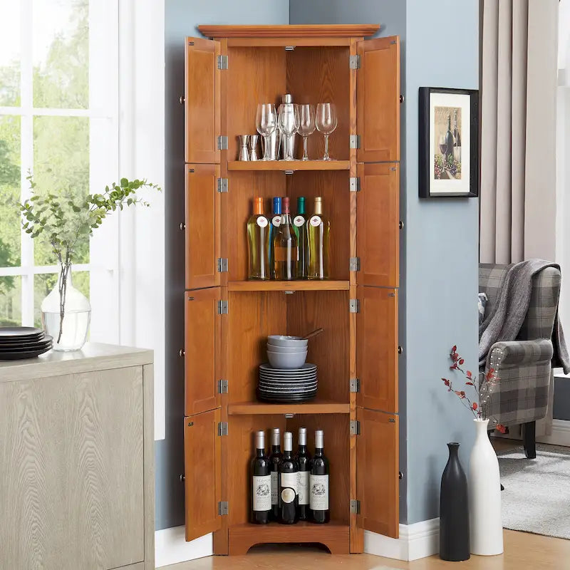 72-Inch Corner Pantry Cabinet with 8 Doors and 4 Shelves, Oak Finish