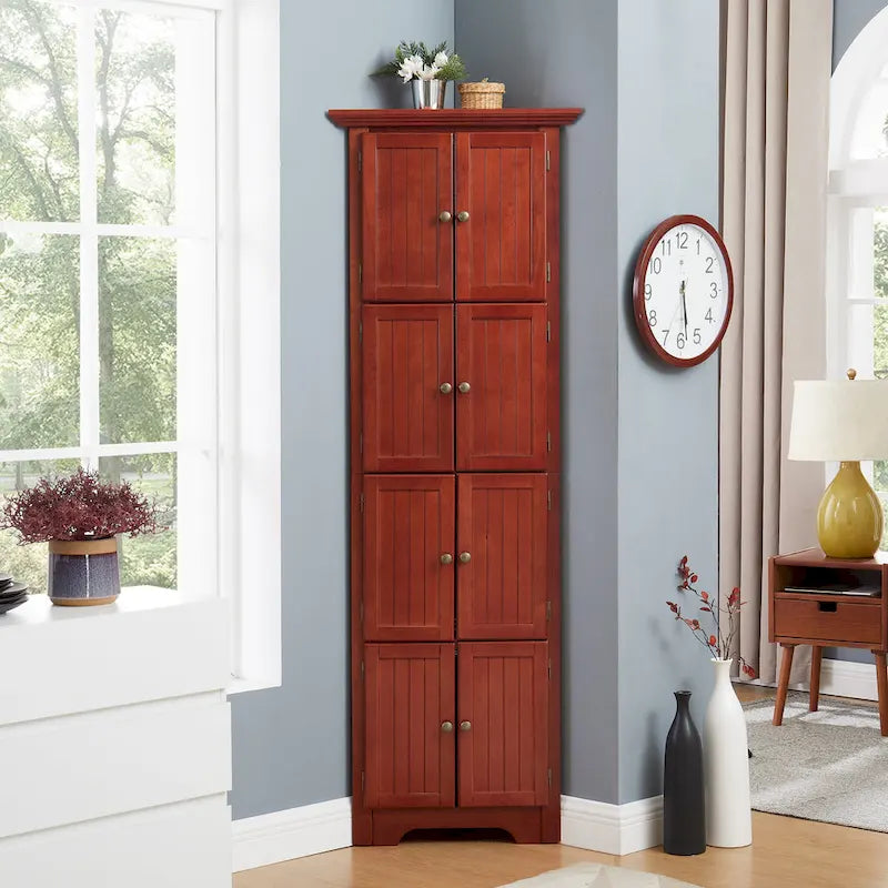 72-Inch Corner Pantry Cabinet with 8 Doors and 4 Shelves, Oak Finish