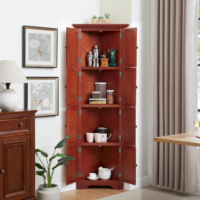 72-Inch Corner Pantry Cabinet with 8 Doors and 4 Shelves, Oak Finish
