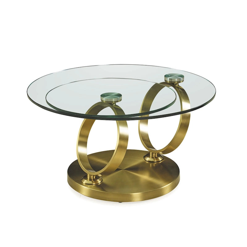Runder Couchtisch mit transparenter Glasplatte und ringförmigem Untergestell aus Goldmetall