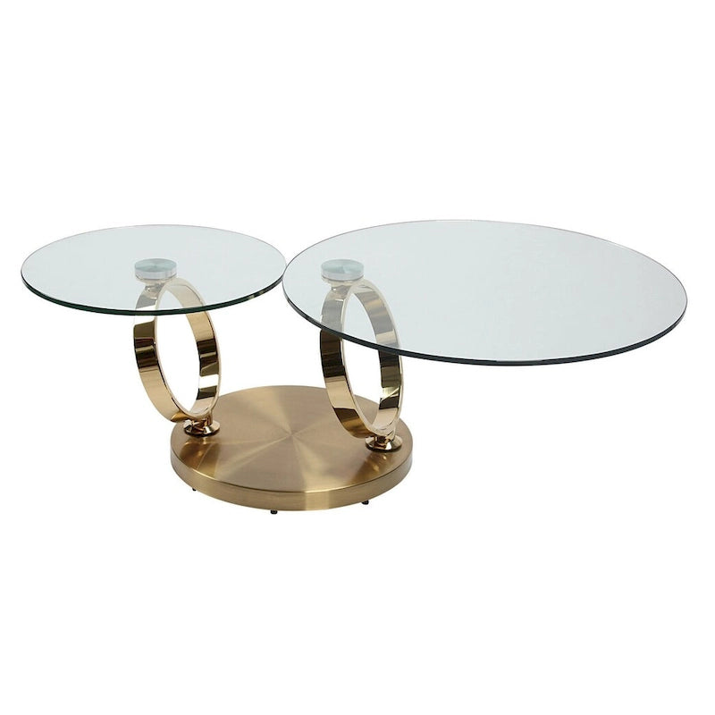 Runder Couchtisch mit transparenter Glasplatte und ringförmigem Untergestell aus Goldmetall