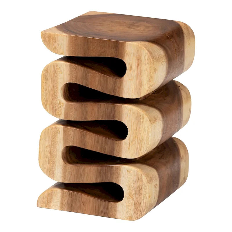 Hand-Carved Suar Wood Sculptural Side Table Natural Brown Openwork Design