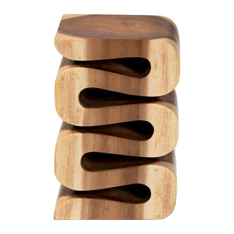 Hand-Carved Suar Wood Sculptural Side Table Natural Brown Openwork Design