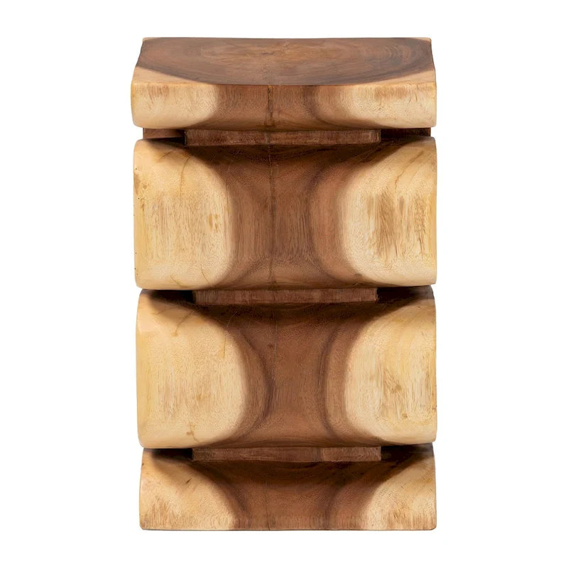 Hand-Carved Suar Wood Sculptural Side Table Natural Brown Openwork Design