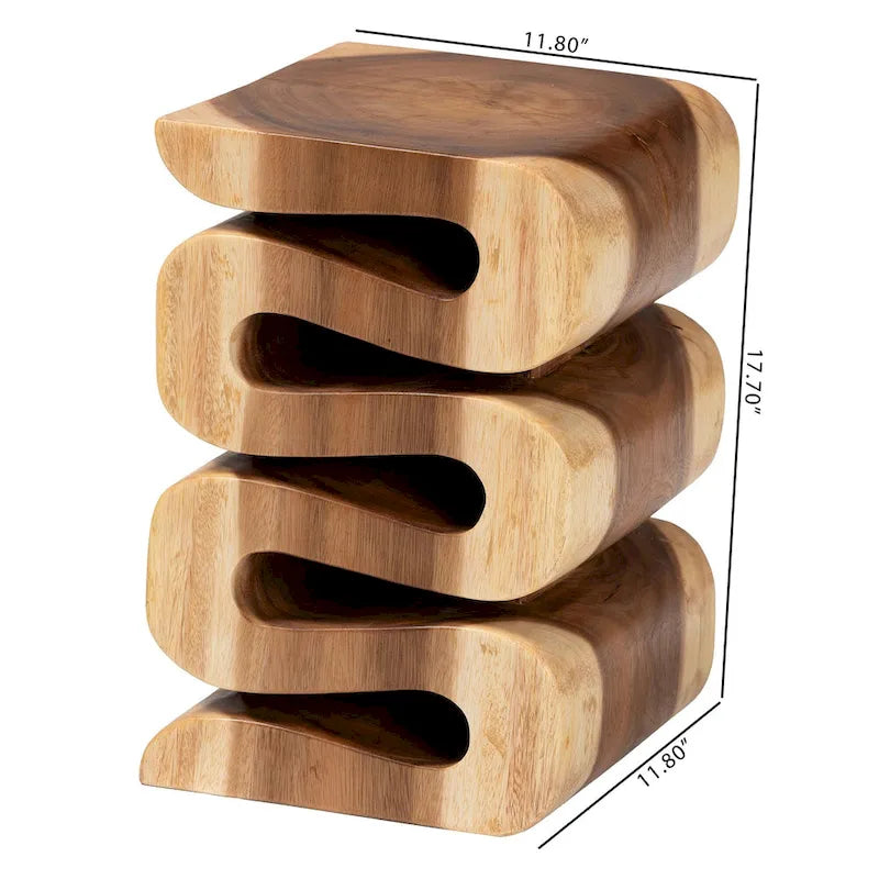 Tavolino laterale scultoreo in legno di suar intagliato a mano, marrone naturale, design traforato