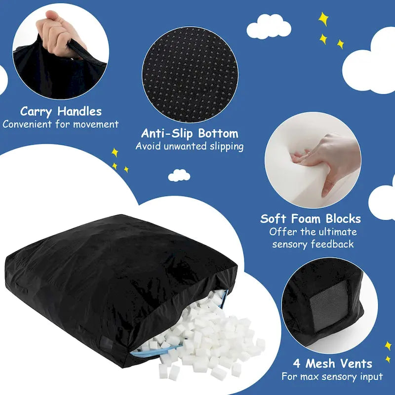 Materassino sensoriale imbottito in schiuma con rivestimento lavabile in velluto, blu e nero