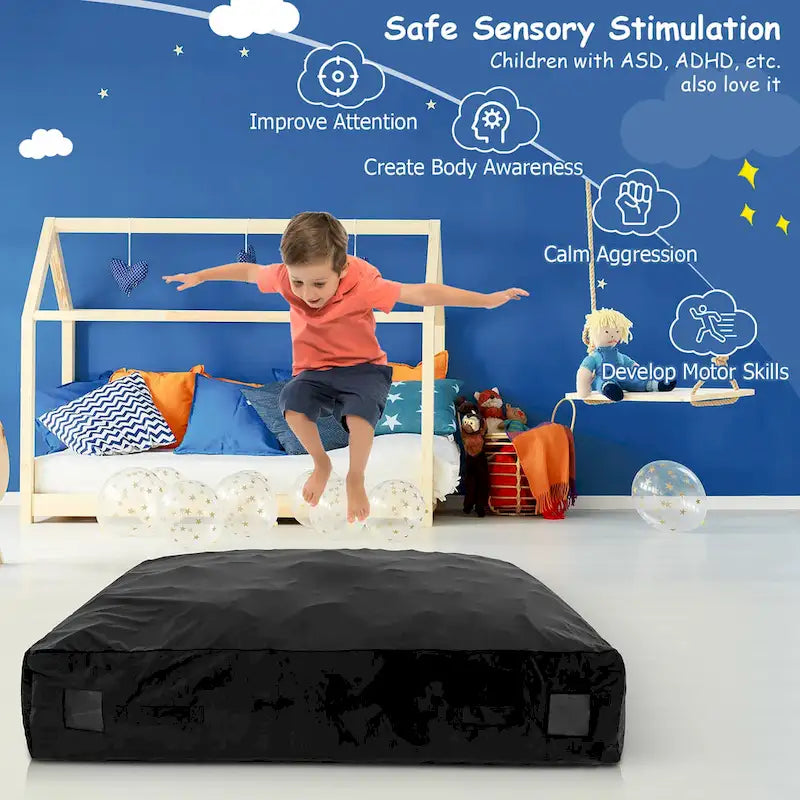 Materassino sensoriale imbottito in schiuma con rivestimento lavabile in velluto, blu e nero