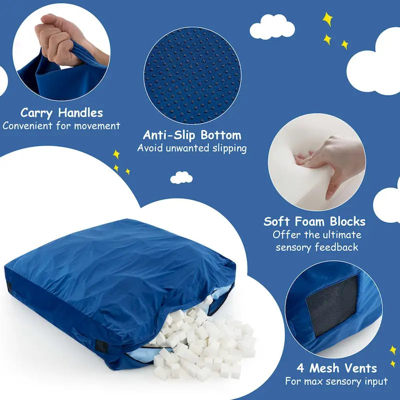 Materassino sensoriale imbottito in schiuma con rivestimento lavabile in velluto, blu e nero
