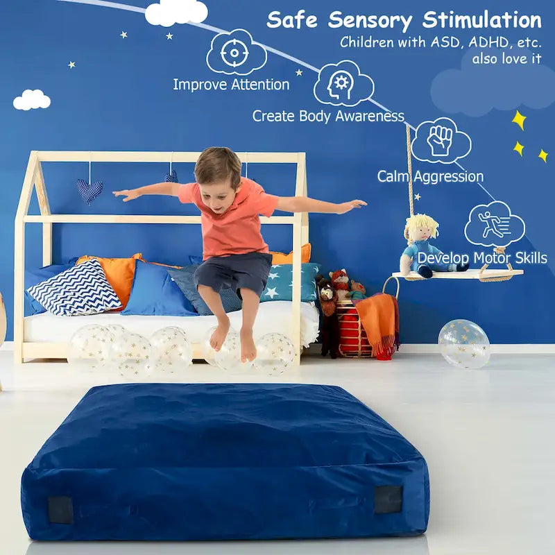 Materassino sensoriale imbottito in schiuma con rivestimento lavabile in velluto, blu e nero
