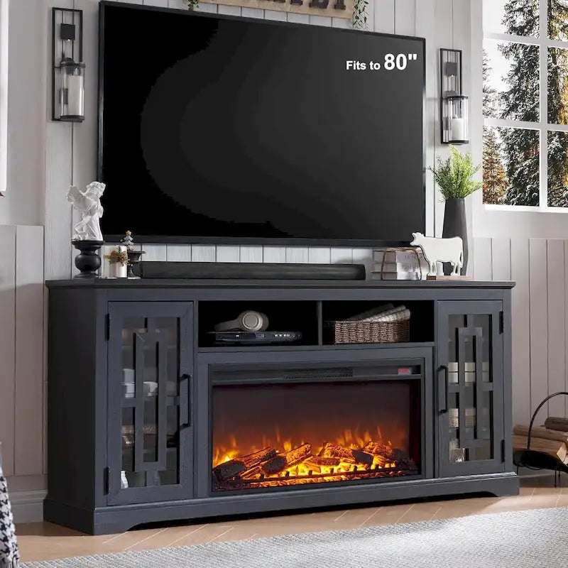 70-Inch Farmhouse TV Stand with Built-In Electric Fireplace, White, Fits 80-Inch TV