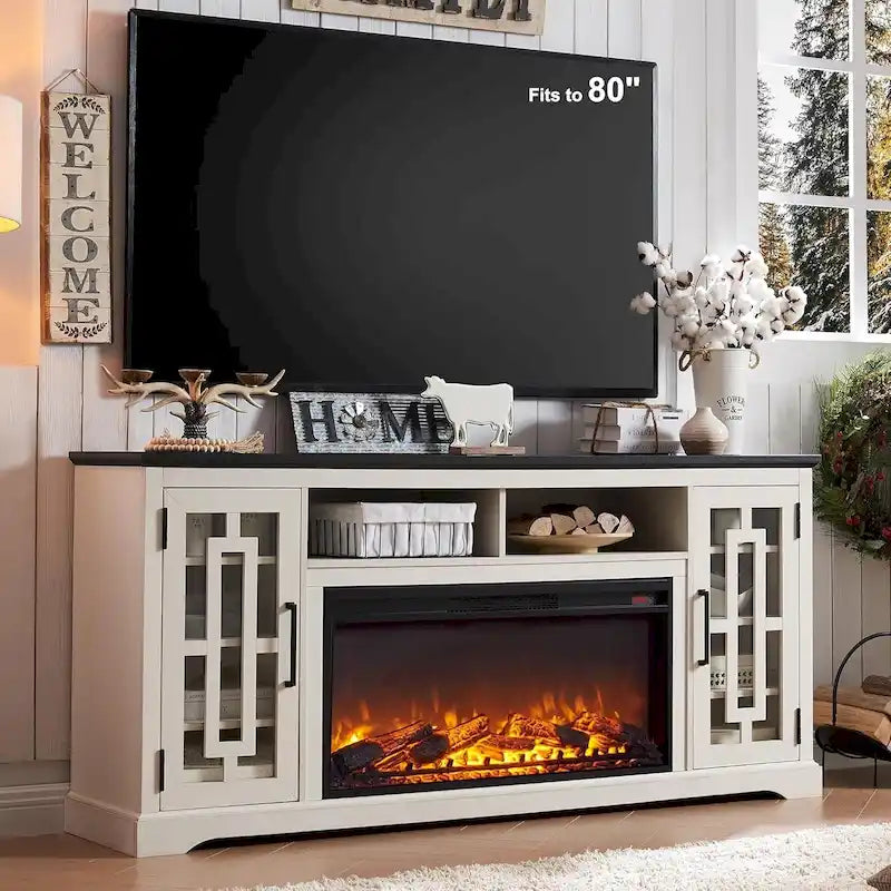 70-Inch Farmhouse TV Stand with Built-In Electric Fireplace, White, Fits 80-Inch TV