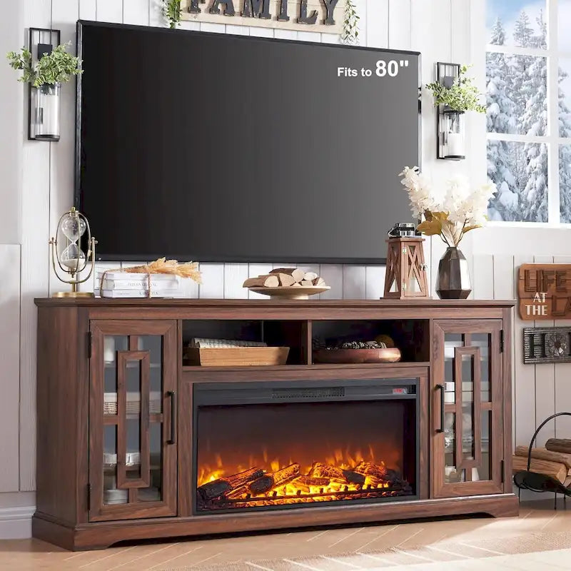 70-Inch Farmhouse TV Stand with Built-In Electric Fireplace, White, Fits 80-Inch TV