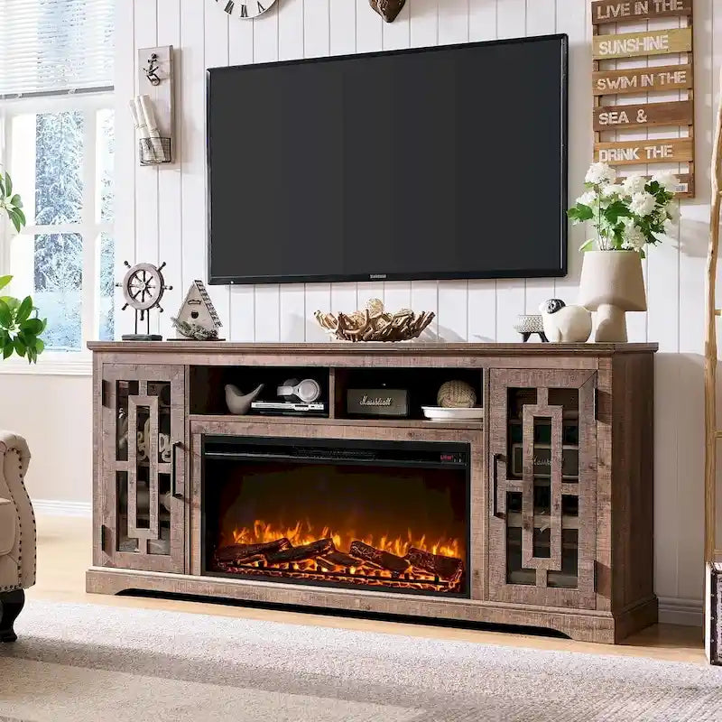70-Inch Farmhouse TV Stand with Built-In Electric Fireplace, White, Fits 80-Inch TV