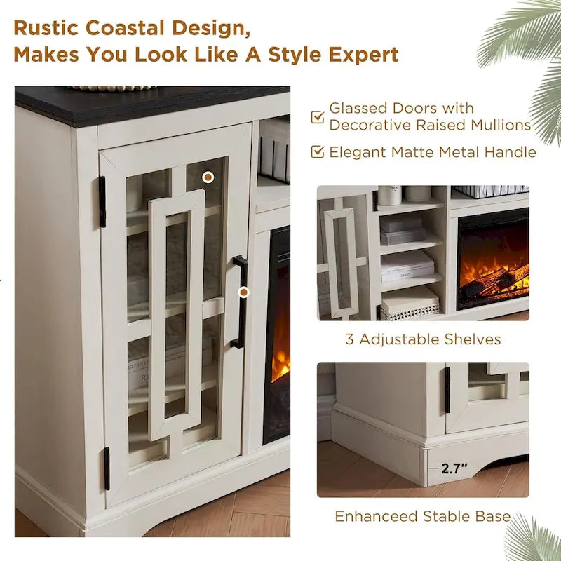70-Inch Farmhouse TV Stand with Built-In Electric Fireplace, White, Fits 80-Inch TV