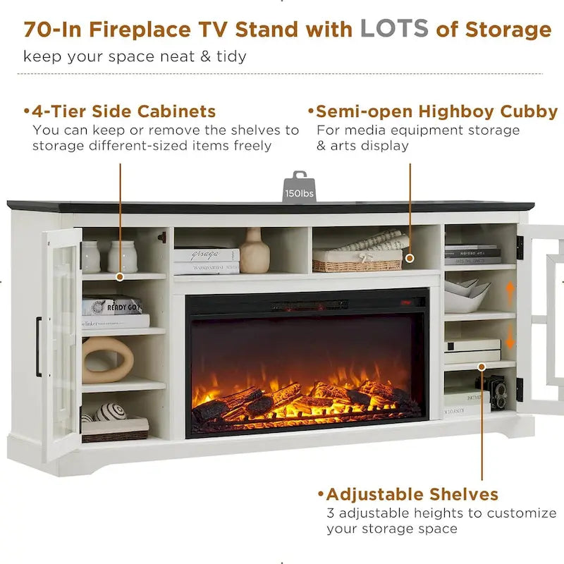 70-Inch Farmhouse TV Stand with Built-In Electric Fireplace, White, Fits 80-Inch TV