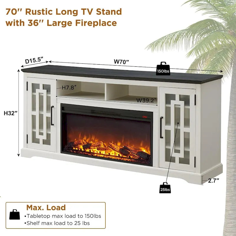 70-Inch Farmhouse TV Stand with Built-In Electric Fireplace, White, Fits 80-Inch TV