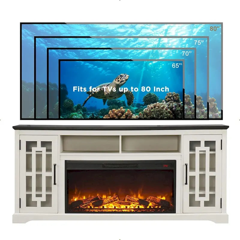 70-Inch Farmhouse TV Stand with Built-In Electric Fireplace, White, Fits 80-Inch TV