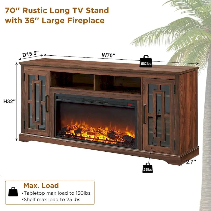 70-Inch Farmhouse TV Stand with Built-In Electric Fireplace, White, Fits 80-Inch TV