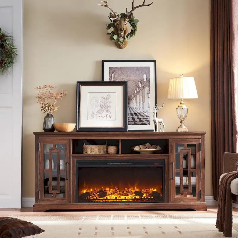 70-Inch Farmhouse TV Stand with Built-In Electric Fireplace, White, Fits 80-Inch TV
