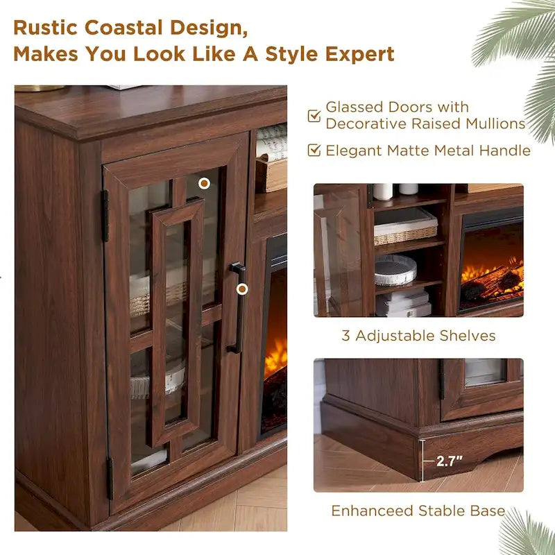 70-Inch Farmhouse TV Stand with Built-In Electric Fireplace, White, Fits 80-Inch TV