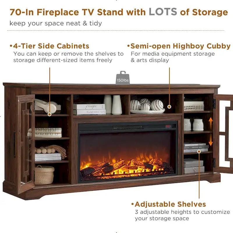 70-Inch Farmhouse TV Stand with Built-In Electric Fireplace, White, Fits 80-Inch TV