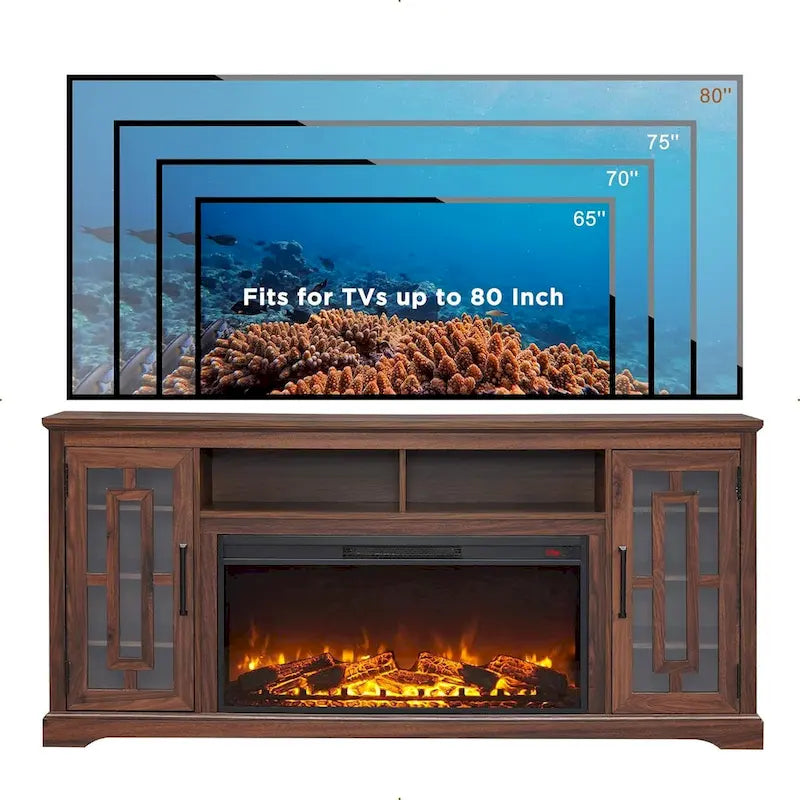 70-Inch Farmhouse TV Stand with Built-In Electric Fireplace, White, Fits 80-Inch TV
