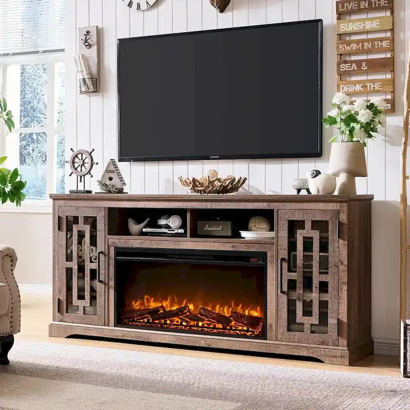 70-Inch Farmhouse TV Stand with Built-In Electric Fireplace, White, Fits 80-Inch TV