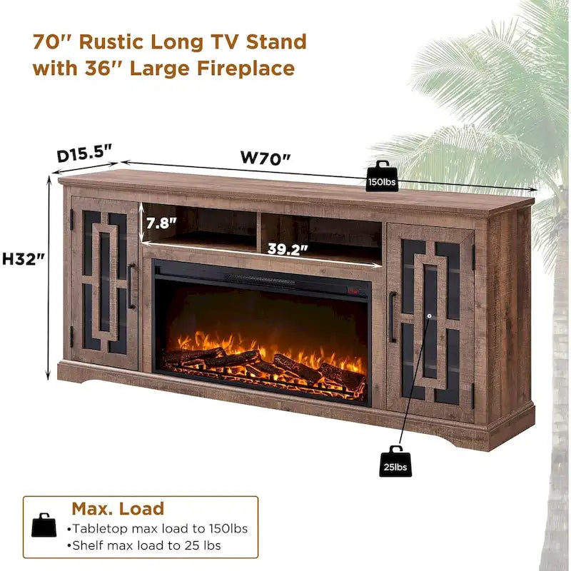 70-Inch Farmhouse TV Stand with Built-In Electric Fireplace, White, Fits 80-Inch TV