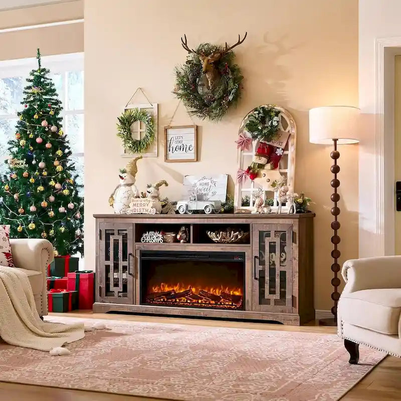 70-Inch Farmhouse TV Stand with Built-In Electric Fireplace, White, Fits 80-Inch TV