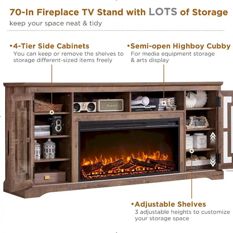 70-Inch Farmhouse TV Stand with Built-In Electric Fireplace, White, Fits 80-Inch TV