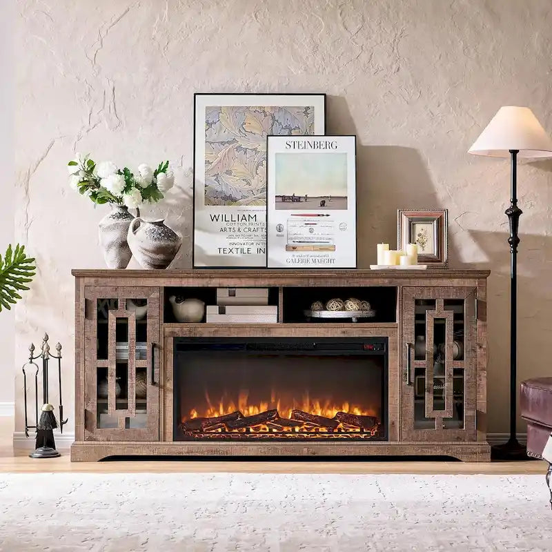 70-Inch Farmhouse TV Stand with Built-In Electric Fireplace, White, Fits 80-Inch TV