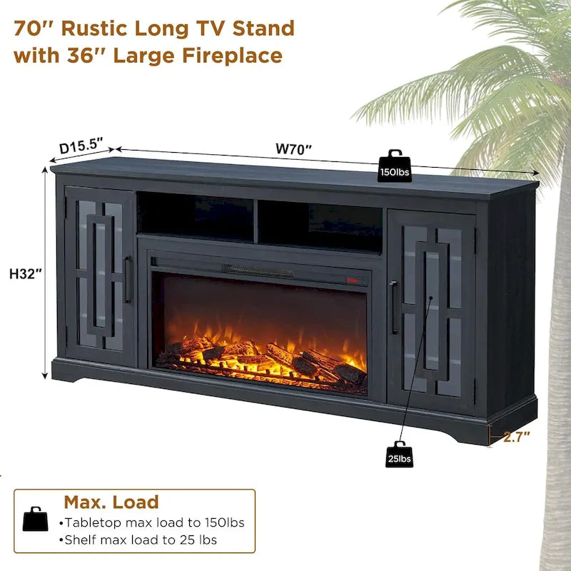 70-Inch Farmhouse TV Stand with Built-In Electric Fireplace, White, Fits 80-Inch TV