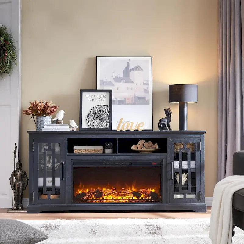 70-Inch Farmhouse TV Stand with Built-In Electric Fireplace, White, Fits 80-Inch TV